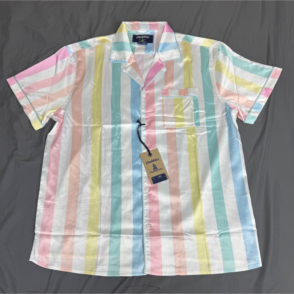 Chubbies Mens Large The Deep Freeze Satin PJ Shirt Pastel Striped Pajama Top